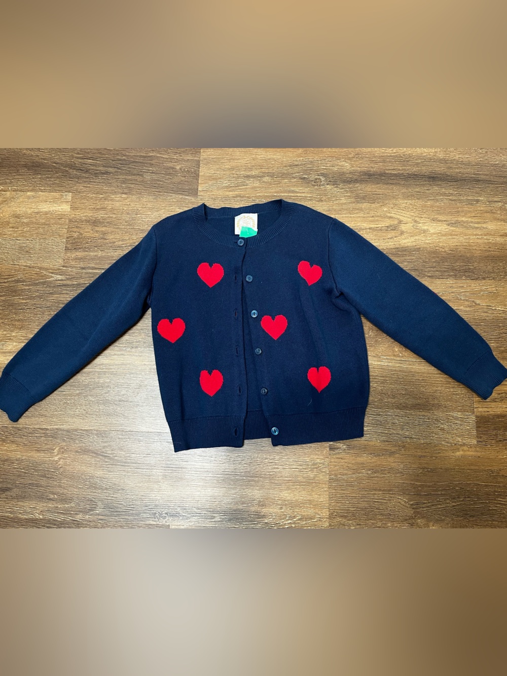 The Beaufort Bonnet Girls Company Navy Cardigan with Red Hearts Size 6